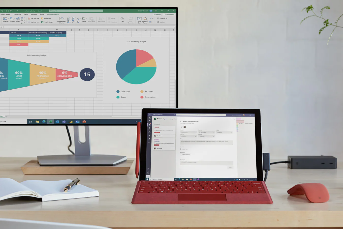 Surface Pro 7+ is shown on a home office desk while connected to an external monitor using multiple ports