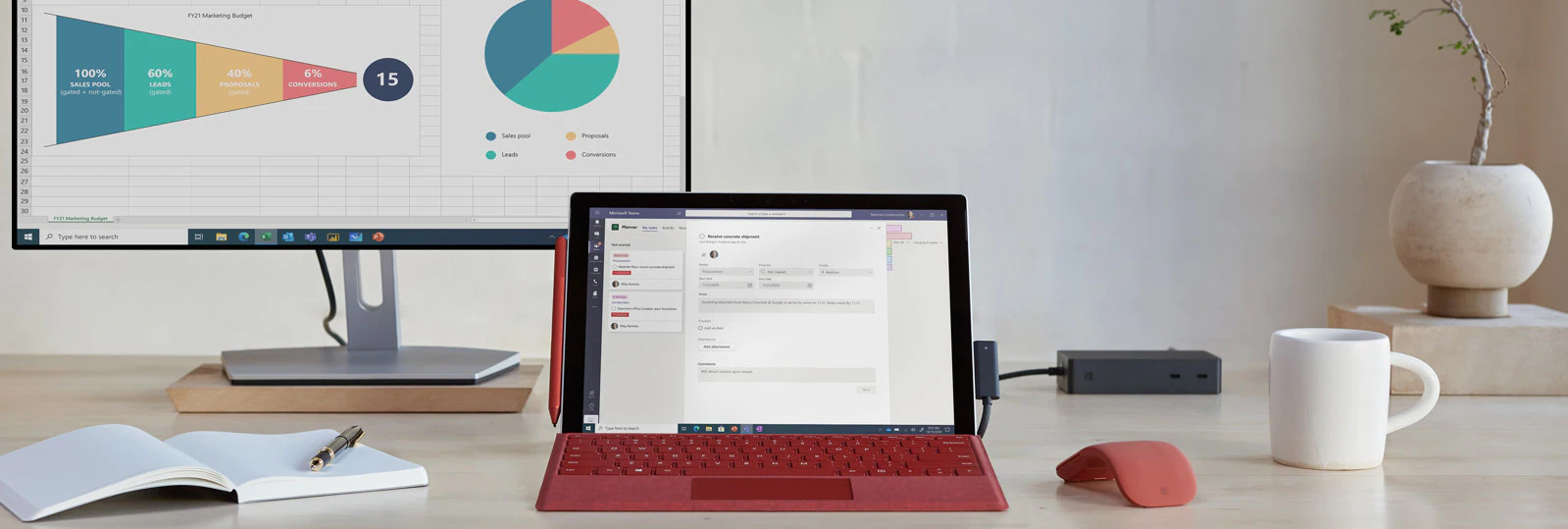 Surface Pro 7+ is shown on a home office desk with an external monitor and accessories
